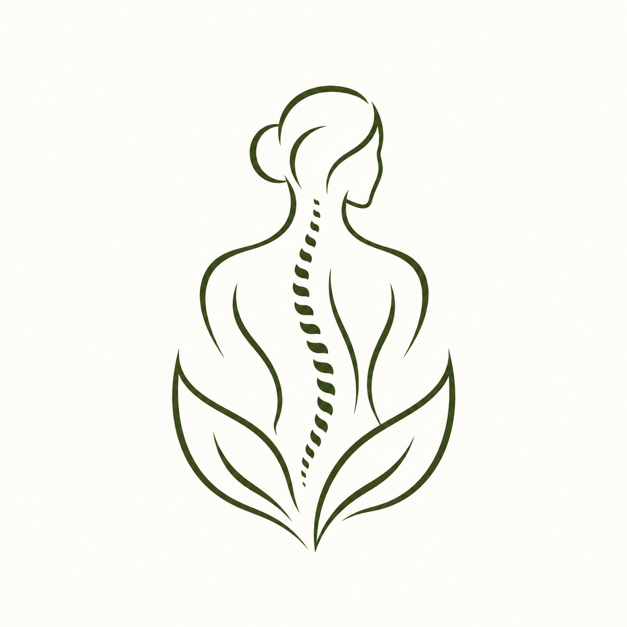 Olive-green illustration of a person's back and spine framed by leaves.