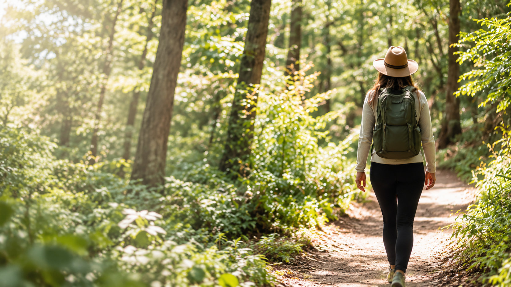 A hiker wearing a hat and backpack on a sunlit forest trail.
