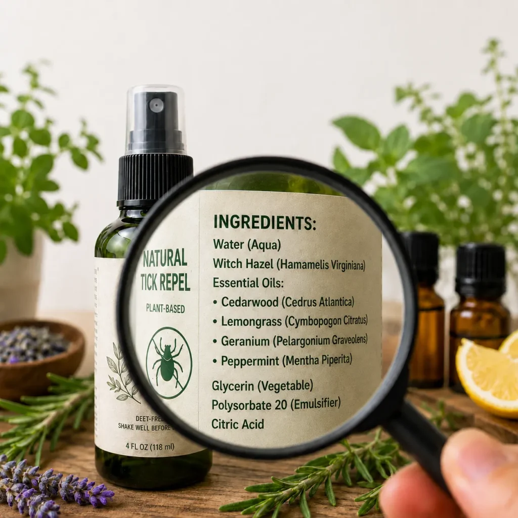 Magnifying glass enlarging the ingredient label on an insect repellent bottle, surrounded by herbs and small bottles.