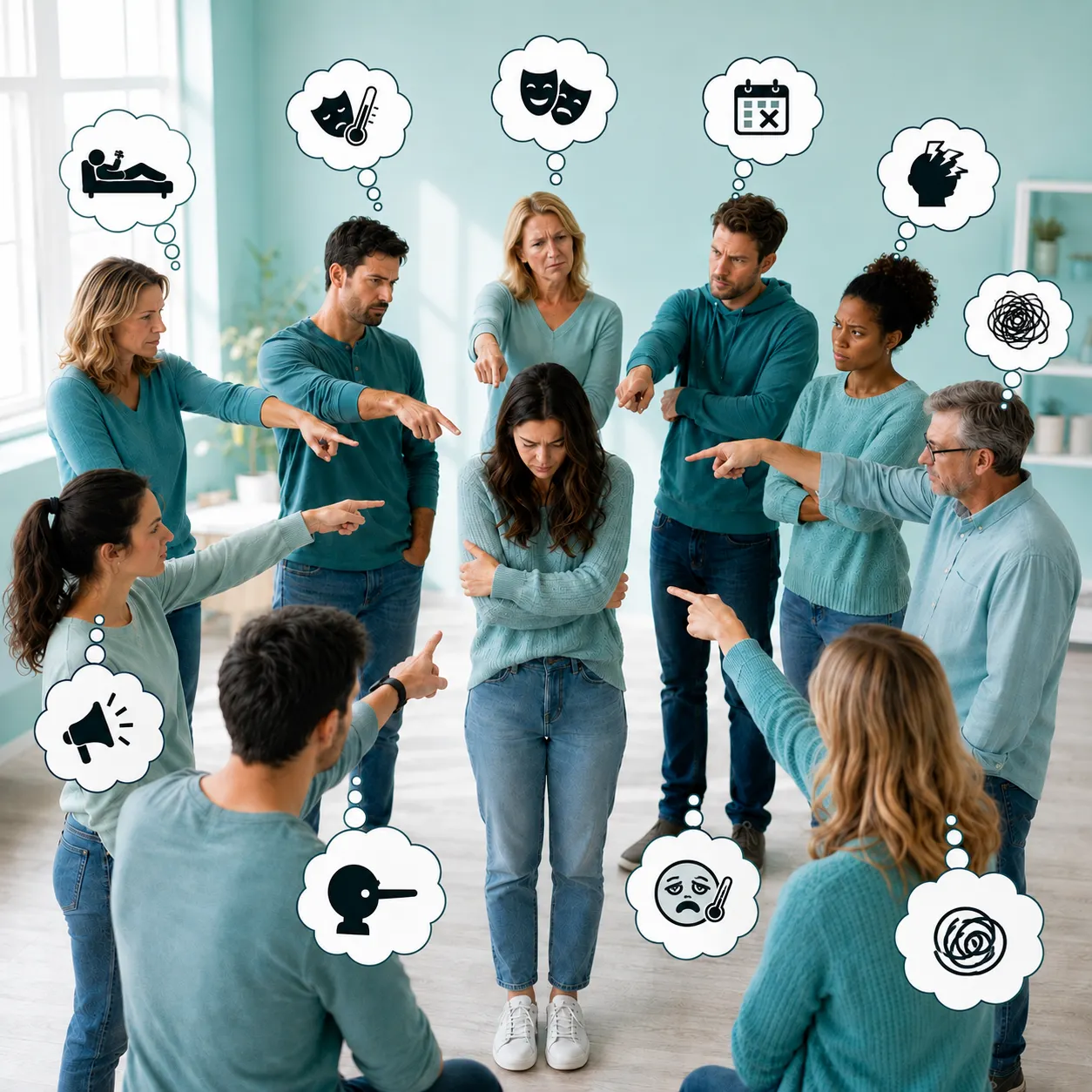 Illustration of a distressed woman surrounded by people pointing at her, symbolizing stigma around chronic illness.